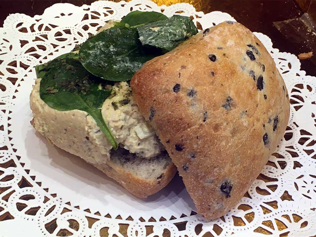 Tuna Salad on Olive Bread with Spinach and Pesto Sauce - dessertsbygerard.com